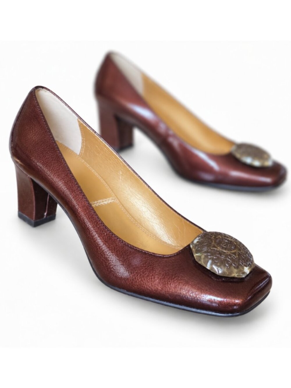 Tahari Womens Pumps 7.5 Brown Leather Metallic Medallion Block Heel Square Toe